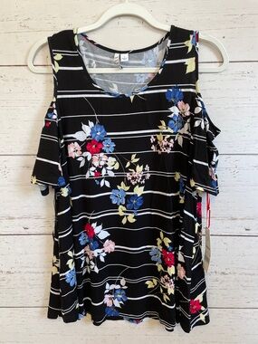Elle Black Cold-Shoulder Top with Blue, Pink and Yellow Floral Print, sz L, NWT